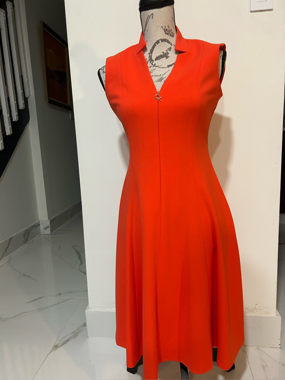 NWTCalvin Klein Orange Sleeveless Collared Zip Front A-Line Knit Stretch Dress 4